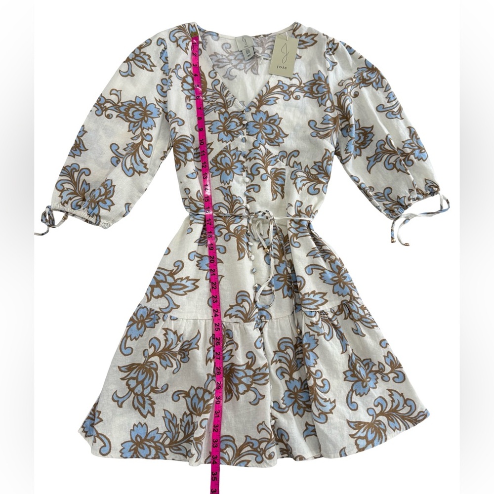NWT Joie Floral Linen Mini Dress Blue Ivory Tie Sleeve Size 6 Vintage Inspired - Picture 7 of 9